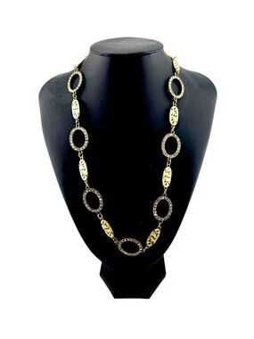 Vintage 90s Gold Tone Enamel & Rhinestone Link Necklace 24” Statement